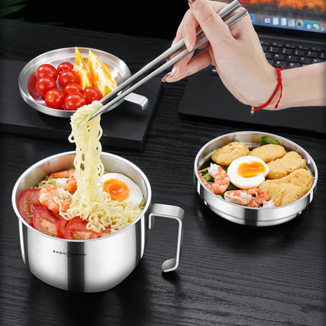 【PUSH!】餐具用品 304不鏽鋼雙層分格帶把帶蓋泡麵碗 速食麵碗 湯碗 大號飯碗 便當飯盒(泡面碗 E190)