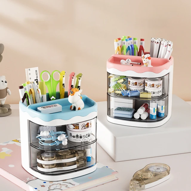 【Kyhome】創意卡通多格透明收納筆筒 化妝品收納架 辦公文具 桌面小物收納盒