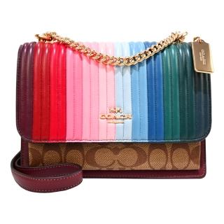 【COACH】馬車LOGO彩虹皮革緹花PVC金屬鍊帶風琴包(糖果彩虹/展示品)