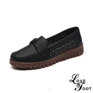 【LOVE FOOT 樂芙】真皮休閒鞋 縷空休閒鞋/真皮典雅縷空花朵蝴蝶結造型舒適休閒鞋 樂福鞋(黑)