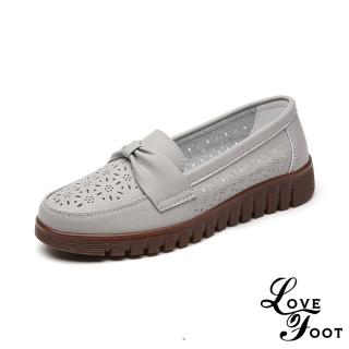 【LOVE FOOT 樂芙】真皮休閒鞋 縷空休閒鞋/真皮典雅縷空花朵蝴蝶結造型舒適休閒鞋 樂福鞋(灰)
