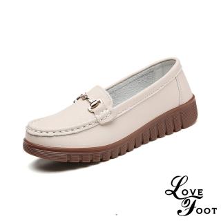 【LOVE FOOT 樂芙】真皮樂福鞋 圓頭樂福鞋/真皮百搭馬銜扣飾造型小圓頭休閒鞋 樂福鞋(米)