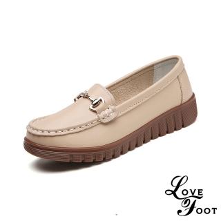 【LOVE FOOT 樂芙】真皮樂福鞋 圓頭樂福鞋/真皮百搭馬銜扣飾造型小圓頭休閒鞋 樂福鞋(杏)