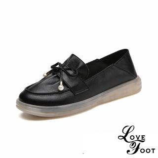 【LOVE FOOT 樂芙】真皮樂福鞋 軟底樂福鞋/真皮甜美小蝴蝶結抓褶造型軟底樂福鞋 休閒鞋(黑)