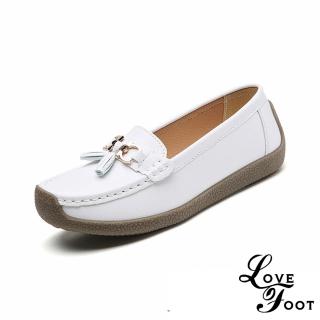 【LOVE FOOT 樂芙】真皮蝸牛鞋 流蘇蝸牛鞋/真皮典雅氣質流蘇墜舒適軟底蝸牛鞋 休閒鞋(白)