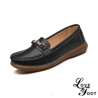 【LOVE FOOT 樂芙】真皮休閒鞋 美鑽休閒鞋/真皮美鑽釦飾小圓頭舒適軟底休閒鞋 樂福鞋(黑)