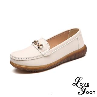 【LOVE FOOT 樂芙】真皮休閒鞋 美鑽休閒鞋/真皮美鑽釦飾小圓頭舒適軟底休閒鞋 樂福鞋(米)
