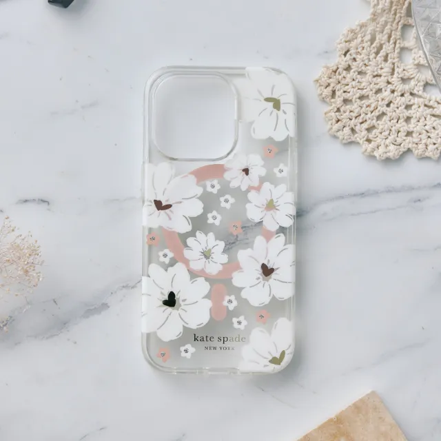 【KATE SPADE】iPhone 15 Pro Max MagSafe 精品手機殼 純白牡丹(磁吸)