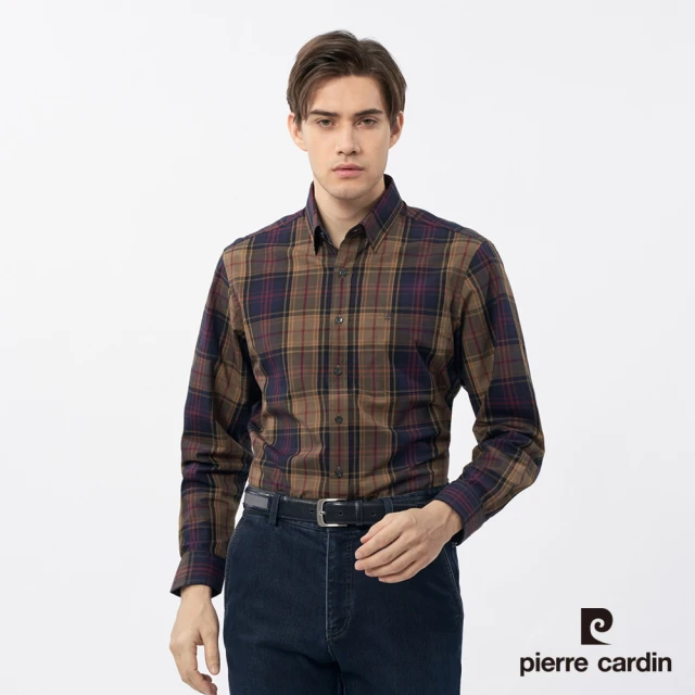 pierre cardin 皮爾卡登 商務休閒 男款 休閒格紋長袖襯衫-咖啡色(5235162-39)