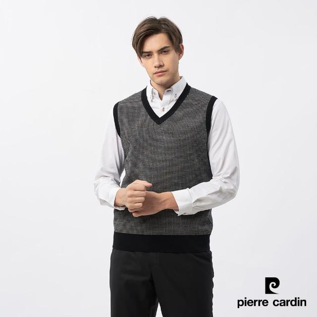 【pierre cardin 皮爾卡登】商務休閒 男款 混紡羊毛V領小緹花毛衣背心-黑色(5235462-99)