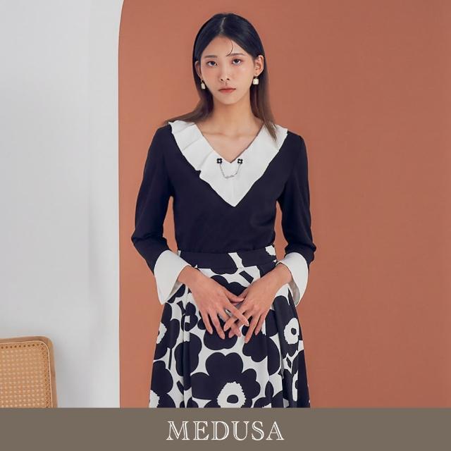 【MEDUSA 曼度莎】現貨-大V壓褶領口水袖上衣（M-XL）｜女上衣 長袖上衣 套裝上衣 冬新品(201-5220A)