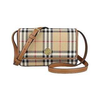 【BURBERRY 巴寶莉】BURBERRY Hampshire圓標LOGO格紋帆布拼接小牛磁釦式斜背包(米格紋x棕)