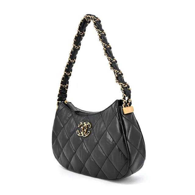 【CHANEL 香奈兒】19 Hobo Bag經典雙C LOGO菱格紋小牛皮手提/肩背包(黑色-AS4422 B14315 94305)