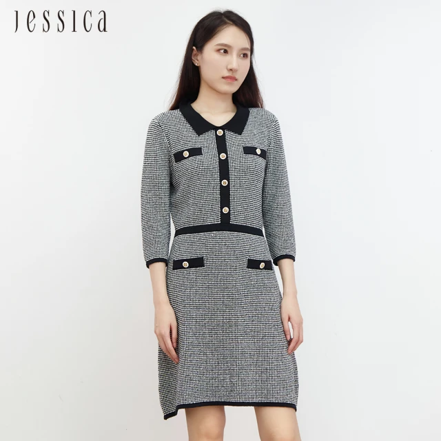 JESSICA 法式優雅精緻修身翻領針織洋裝J30430（黑
