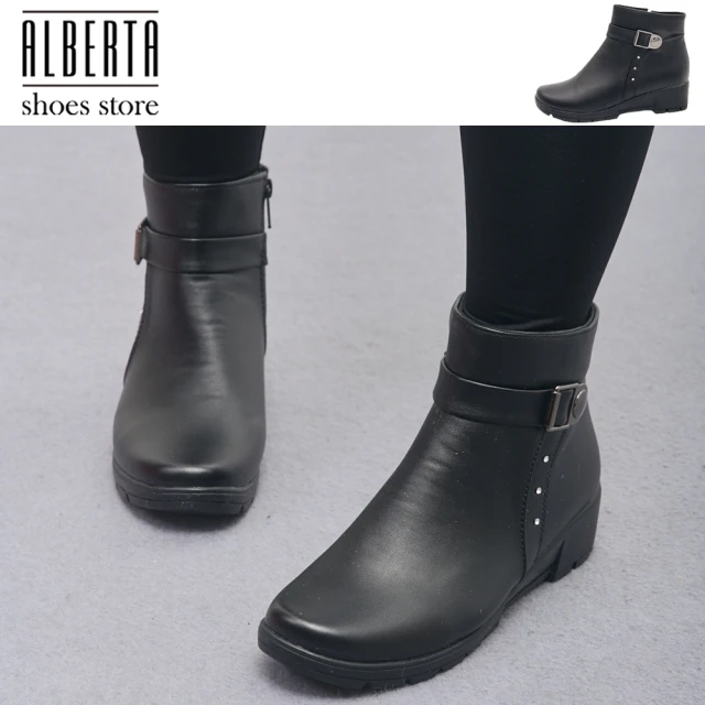 AlbertaAlberta 筒圍26cm筒高10cm跟高4cm 黑色皮面側拉鍊 造型釦帶 楔型短靴踝靴 黑靴