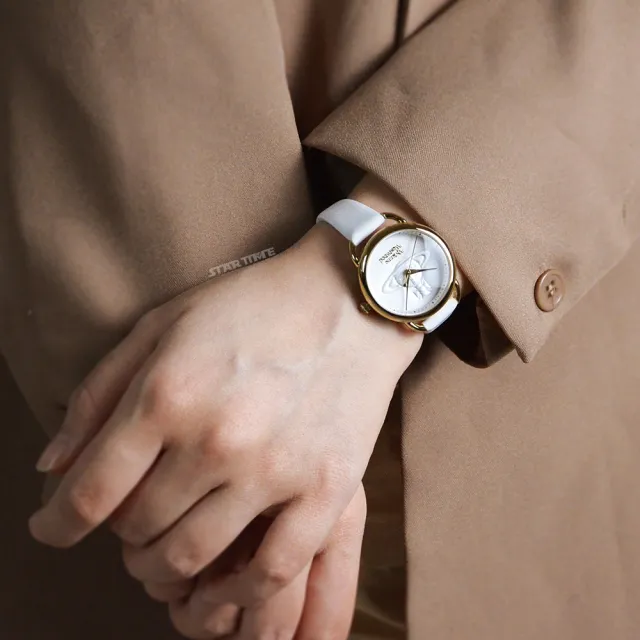 Vivienne Westwood】金框白面經典LOGO土星浮雕錶盤設計白色皮革錶帶腕