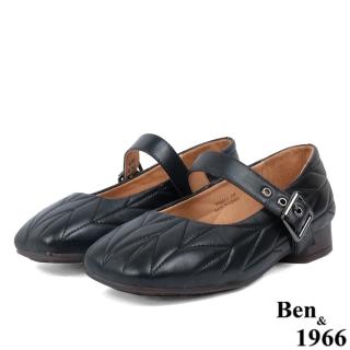【Ben&1966】Ben&1966高階柔軟羊皮方頭舒適格紋低跟瑪莉珍鞋-黑238031