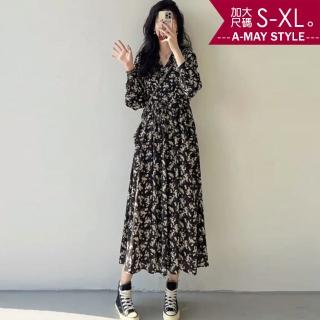 【艾美時尚】現貨 中大尺碼女裝 洋裝 連身裙 法式碎花顯瘦雪紡連身洋裝。S-XL(黑)