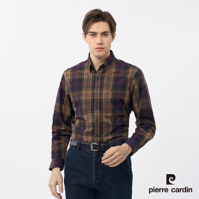 【pierre cardin 皮爾卡登】商務休閒 男款 休閒格紋長袖襯衫-咖啡色(5235162-39)