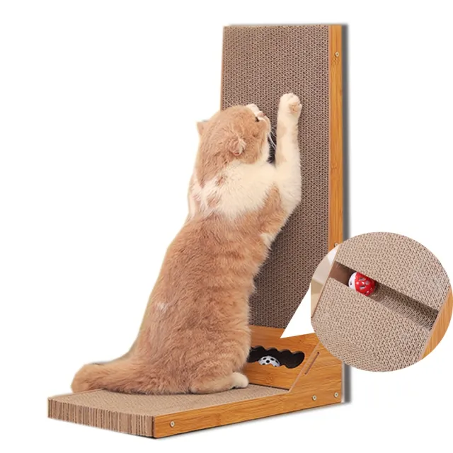 【AOYI奧藝】L型超緊實瓦楞紙貓抓板(家具板固定貓抓板 附鈴鐺球 貓咪自嗨玩具)