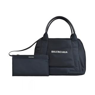 【Balenciaga 巴黎世家】BALENCIAGA巴黎世家NAVY標籤LOGO兩側釦式設計尼龍搭牛皮肩背子母包(小/黑x白)