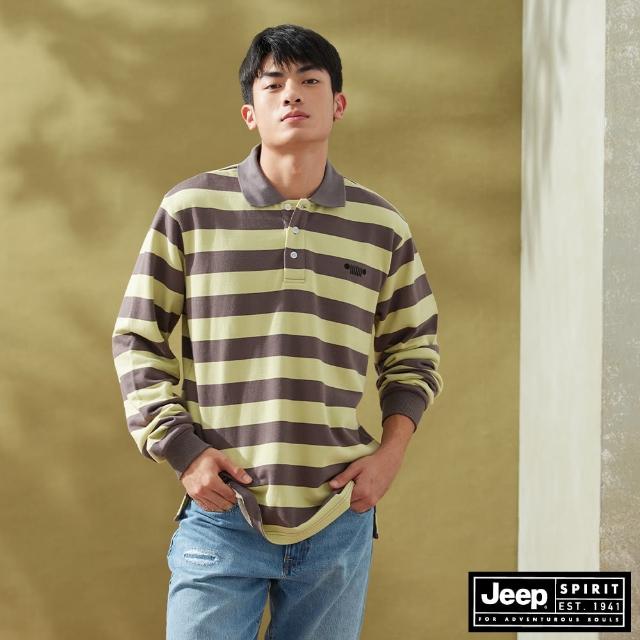 【JEEP】男裝 美式跳色條紋長袖POLO衫(灰綠色)