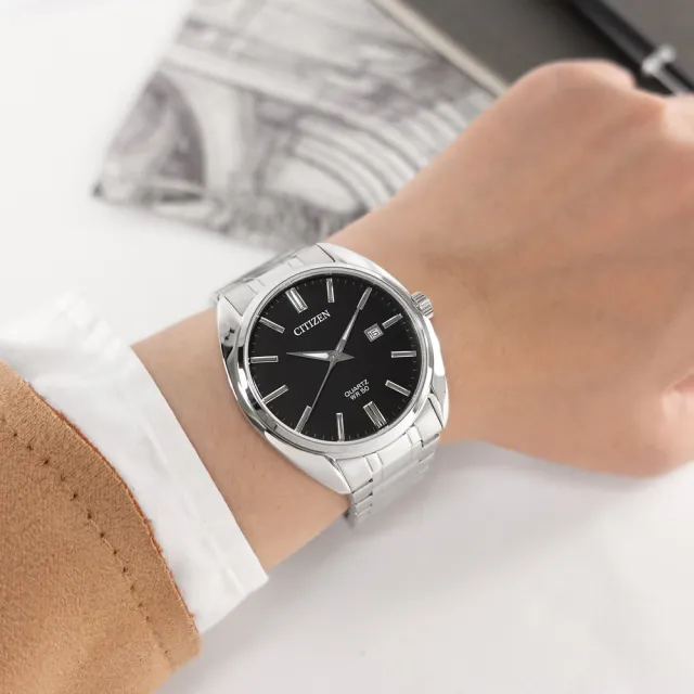【CITIZEN 星辰】極簡時尚 礦石強化玻璃 日本機芯 日期 不鏽鋼手錶 黑色 41mm(BI5100-58E)