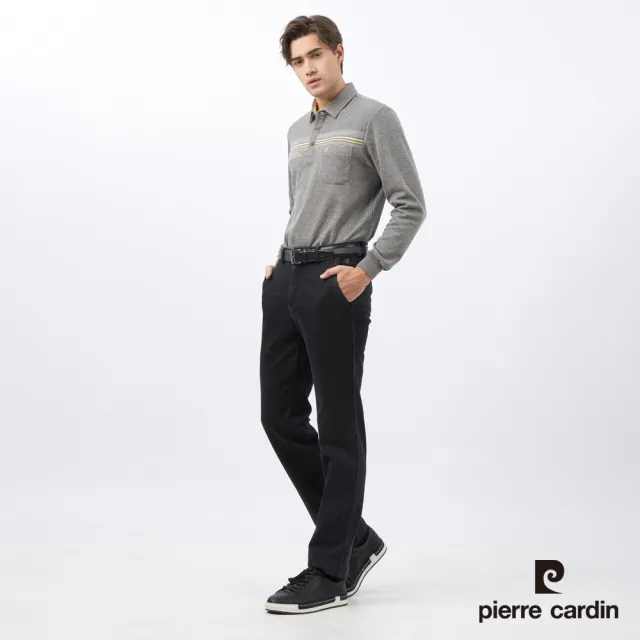 【pierre cardin 皮爾卡登】商務休閒 男款 棉質混紡刷毛大定位條長袖POLO衫-灰色(5235273-95)