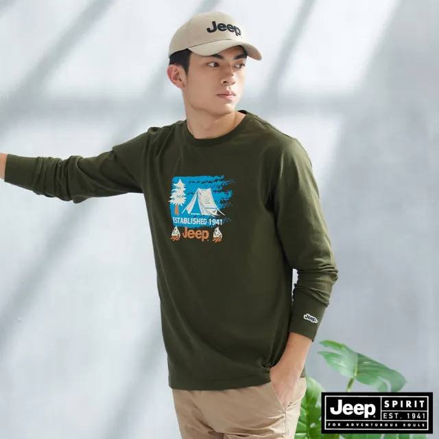 【JEEP】男裝 露營印花率性長袖T恤(綠色)