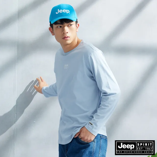 【JEEP】男裝 率性文字印花長袖T恤(藍色)