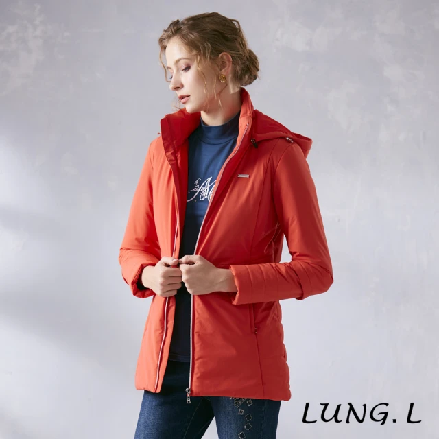 【LUNG.L 林佳樺】LM59C 橘色防潑水鋪棉連帽長袖外套(女裝 防風 保暖 秋冬款)