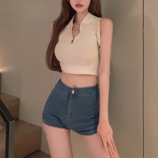 【D.studio】韓版顯瘦修身翻領拉鍊短版上衣(背心 上衣 小可愛 女裝 衣服 短板上衣 V229)