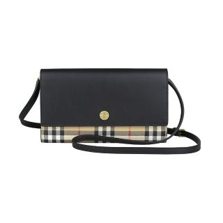【BURBERRY 巴寶莉】BURBERRY Hannah金釦LOGO小牛皮拼接PVC壓釦式肩背/斜背長夾(黑x米格紋)