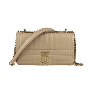 【BURBERRY 巴寶莉】BURBERRY Lola金屬TB金字LOGO小羊皮絎縫設計鏈帶翻蓋磁釦式斜揹包(小/燕麥米)
