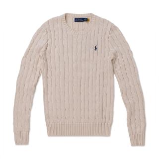 【RALPH LAUREN】RL POLO 經典圓領刺繡小馬麻花針織毛衣 上衣-女-杏色(平輸品/)