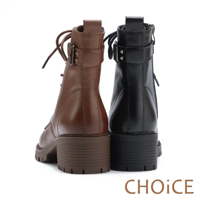 【CHOiCE】率性皮帶釦環真皮綁帶短靴(棕色)
