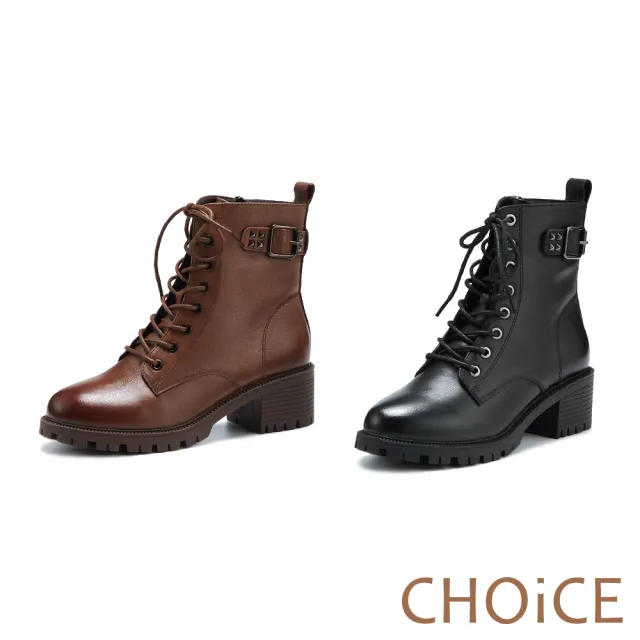 【CHOiCE】率性皮帶釦環真皮綁帶短靴(棕色)