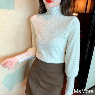 【MsMore】磨毛加厚蕾絲上衣高領網紗加絨內搭時髦時尚修身短版#120200(杏)