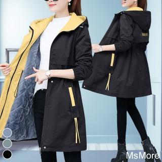 【MsMore】加絨中長款風衣韓版加絨加厚收腰棉服氣質休閒連帽保暖外套#120150(黑/綠/藍)