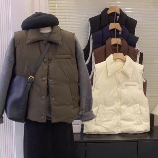 【米蘭精品】現貨+預購 真羽絨90%白鴨絨羽絨衣羽絨背心外套(保暖韓版大翻領圓釦女夾克5色74gz7)