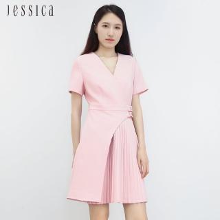 【JESSICA】優雅甜美V領收腰百褶裙擺雪紡洋裝J30446（粉）