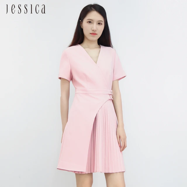 JESSICA 優雅甜美V領收腰百褶裙擺雪紡洋裝J30446（粉）