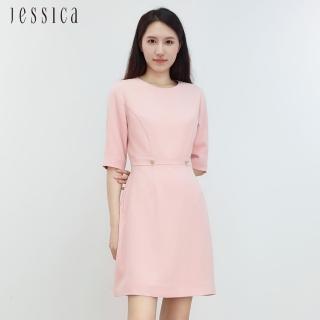 【JESSICA】氣質通勤簡約收腰圓領短袖洋裝J30529