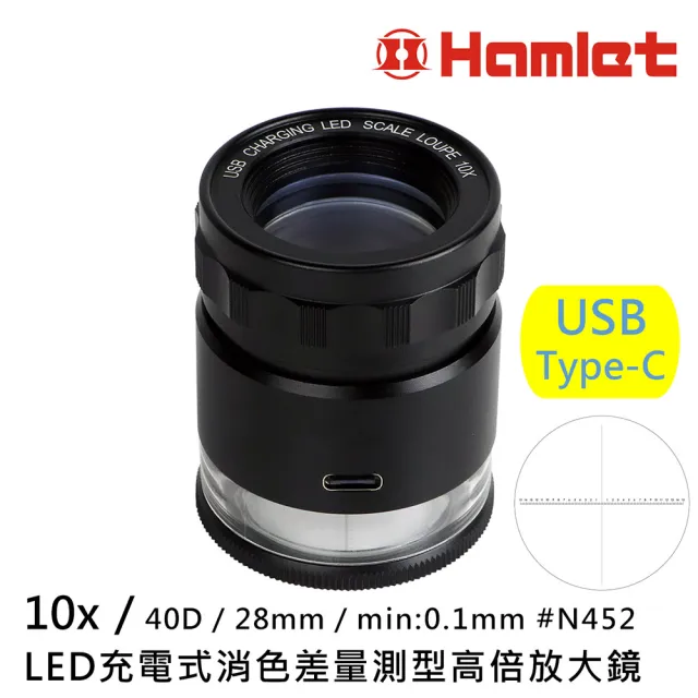 【Hamlet】10倍/40D/28mm LED充電式消色差量測型高倍放大鏡 N452(印刷網點 工廠品管 低視力輔具)