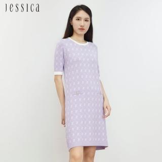 【JESSICA】優雅清新減齡菱格紋短袖針織洋裝J30416（紫）