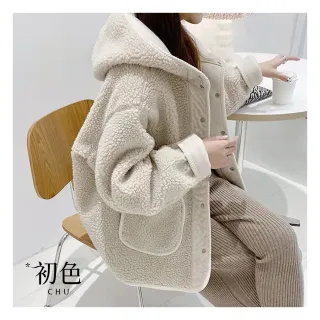 【初色】韓版寬鬆加厚單排釦長袖毛呢上衣口袋連帽外套女外套-共2色-32158(M-2XL可選)