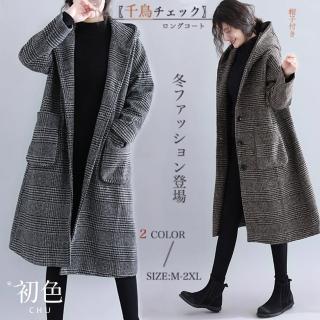 【初色】小香風寬鬆防風千鳥格紋單排釦長袖中長款毛呢科技羽絨棉連帽外套女外套-共2色-32159(M-2XL可選)