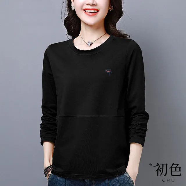 【初色】簡約純色圓領拼接帽子刺繡長袖T恤上衣女上衣-共5色-32228(M-2XL可選)