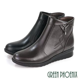 【GREEN PHOENIX 波兒德】女靴 短靴 馬靴 全真皮 小坡跟 水鑽 翻領 臺灣製(咖啡、黑色)