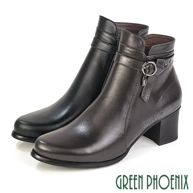 【GREEN PHOENIX 波兒德】女靴 高跟短靴 馬靴 全真皮 鑽飾 鉚釘 台灣製(咖啡、黑色)